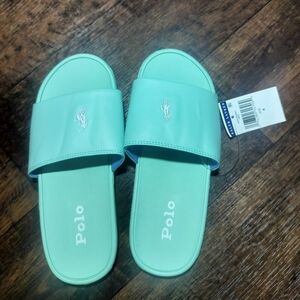 Polo Ralph Lauren Kids Slide Sandals Size 4 Light Green Logo New With Tags